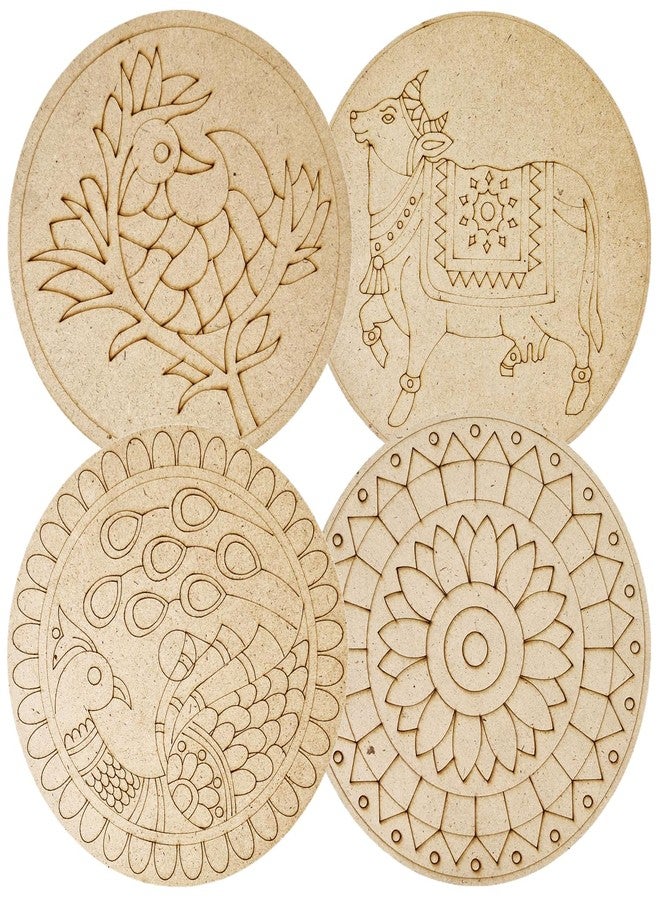Kraftella Lippan Art Mandala Art Materials Diy Kit With Four Designs Premarked Mdf Board (4 Pcs Premarked Art Board, Diwali Decoration For Home Decor Engraved Painting MDF Base for DIY Decorations, Festival Gift, Wedding Decorations 8. inch - Image 1